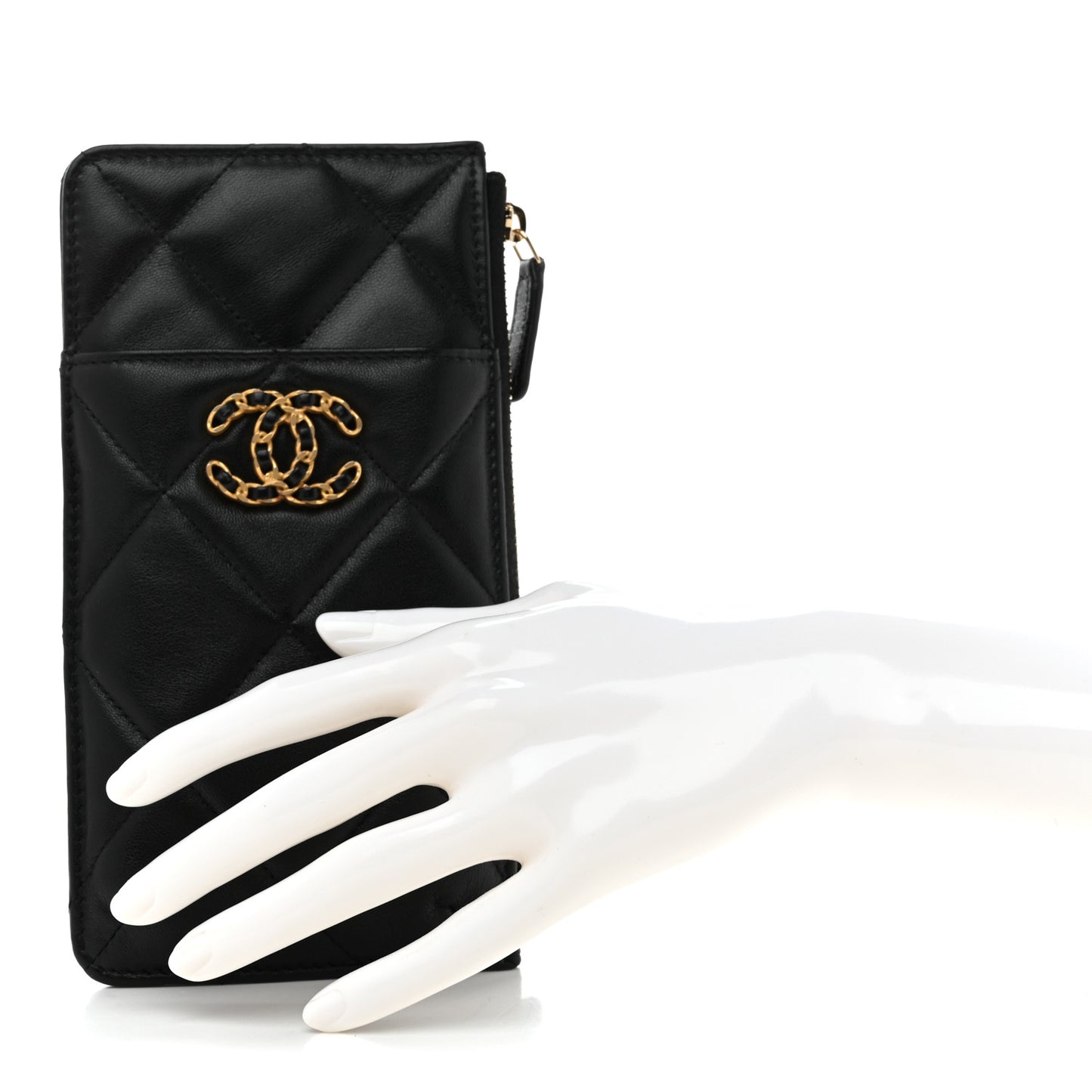 Lambskin Quilted Chanel 19 Phone and Card Holder Black