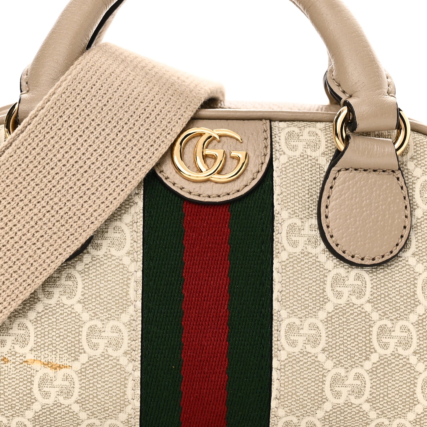 GG Supreme Monogram Textured Dollar Calfskin Web Mini Ophidia Top Handle Bowler Bag Beige Mystic White Oatmeal