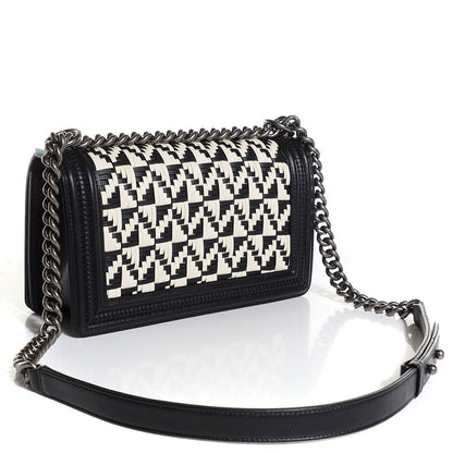 Chanel Calfskin Woven Medium Boy Flap Black White 3 of 9