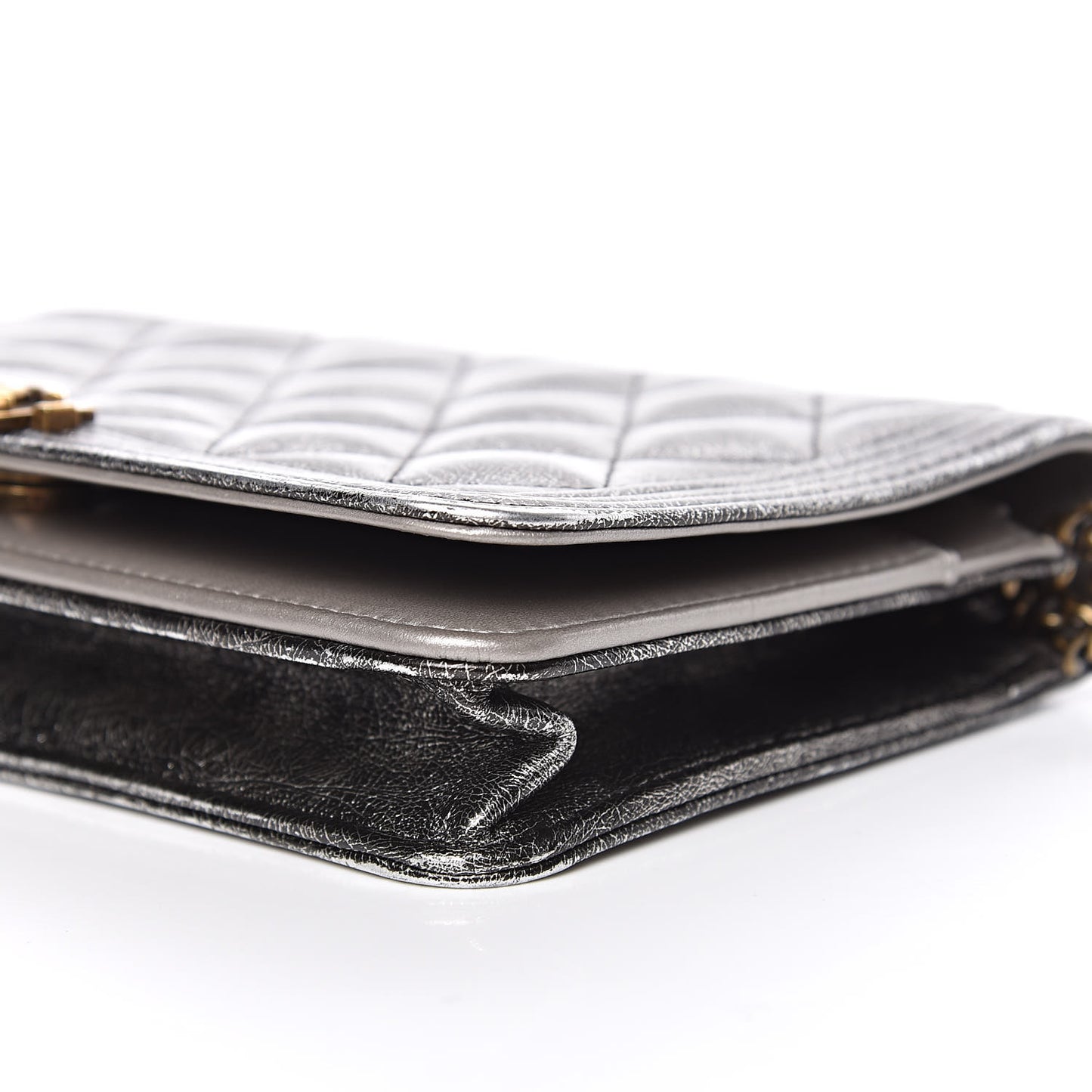 Cracked Metallic Calfskin Quilted Boy Wallet On Chain WOC Dark Silver