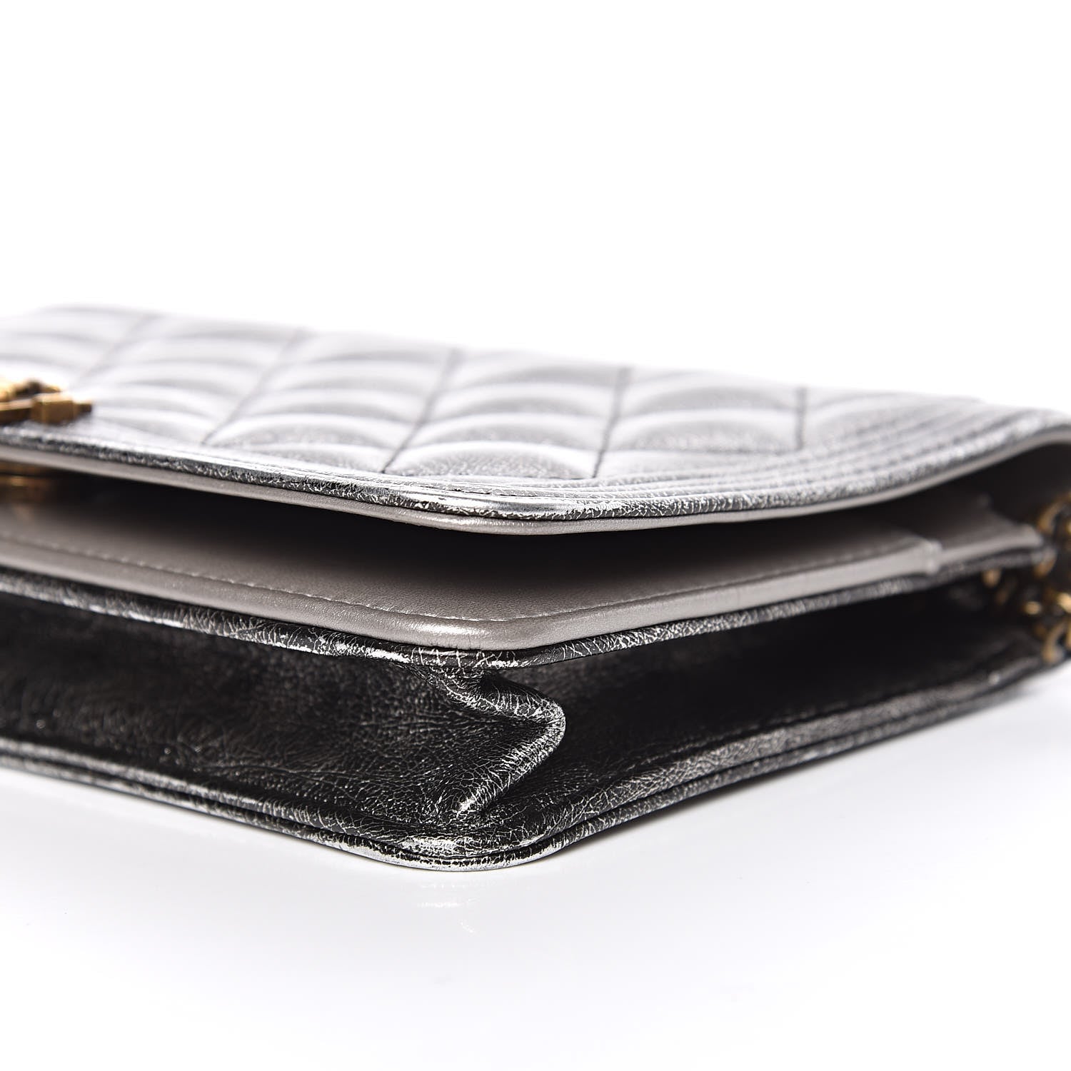 Chanel Cracked Metallic Calfskin Quilted Boy Wallet On Chain WOC Dark Silver 6 of 18