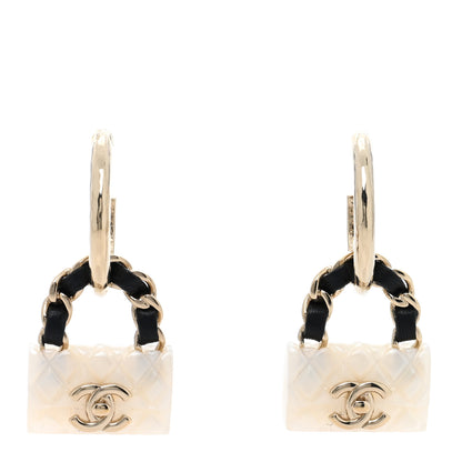 Chanel Metal Resin Lambskin Quilted CC Turnlock Chain Flap Bag Hoop Earrings White Gold 1 of 4