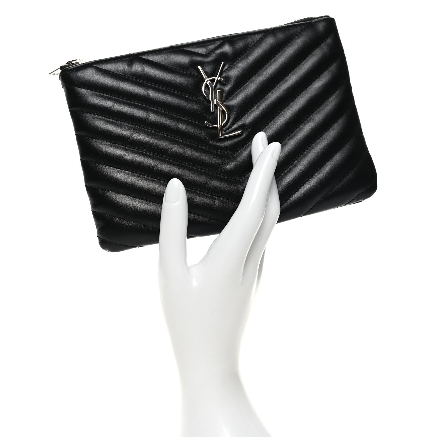 Saint Laurent Calfskin Matelasse Chevron Monogram Pouch Black 2 of 11