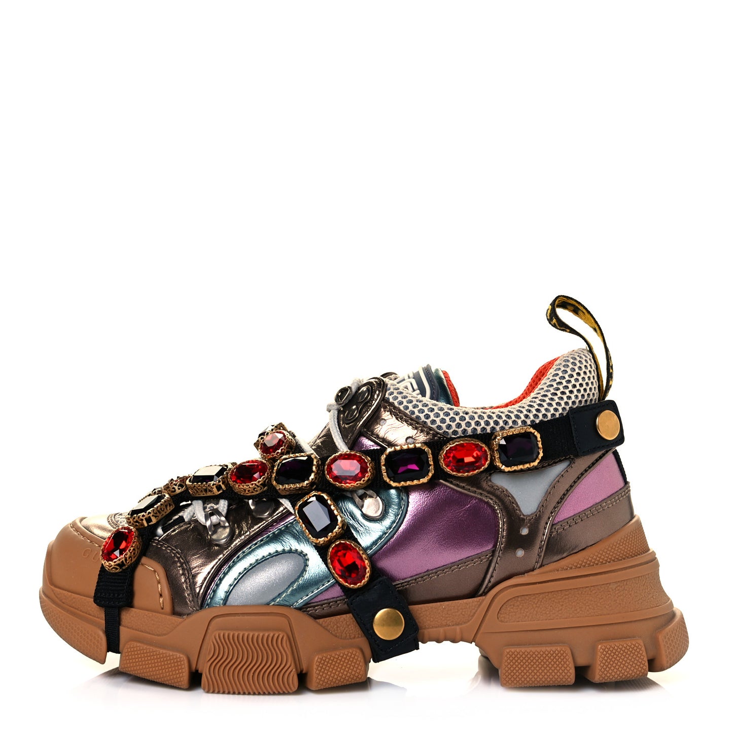 X SEGA Metallic Calfskin Mesh Removable Crystals Womens Flashtrek Sneakers 37 Rame Mystic White Lago