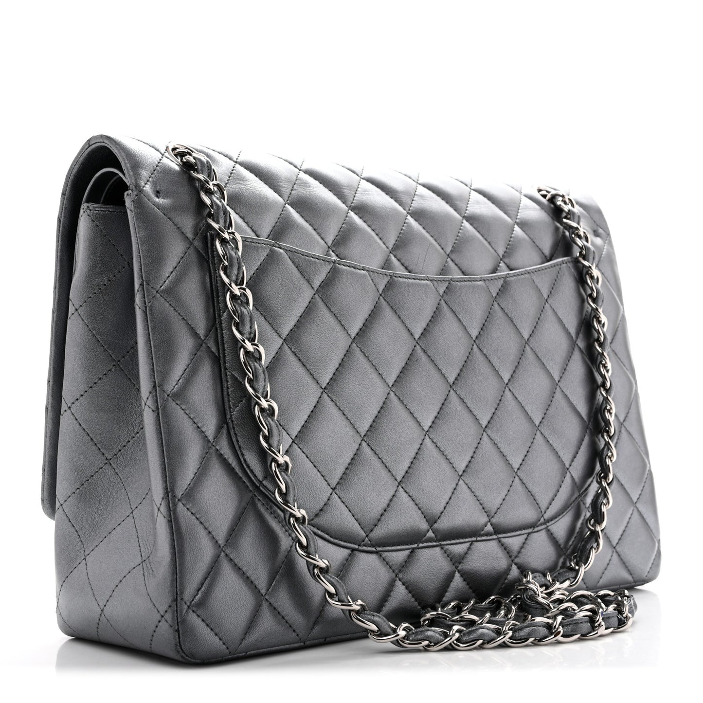 Metallic Lambskin Quilted Maxi Double Flap Pewter