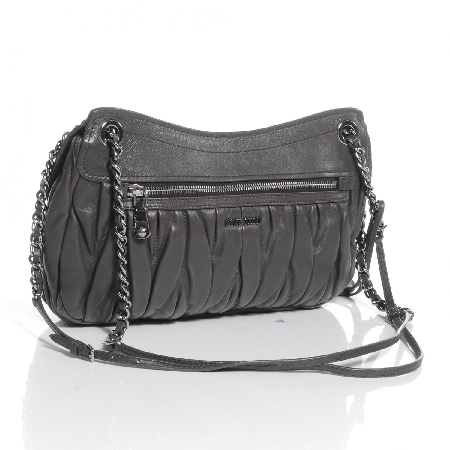 Miu Miu Leather Matelasse Shoulder Bag Grigio 3 of 8