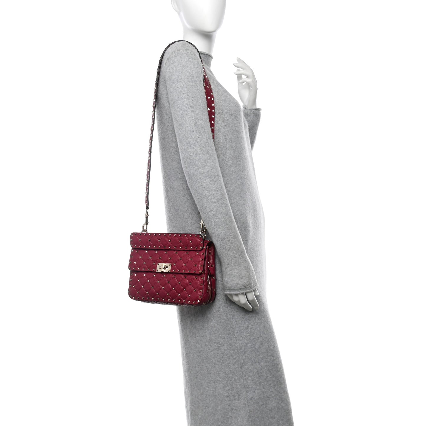 Grained Calfskin Medium Rockstud Spike Shoulder Bag Berry Pink