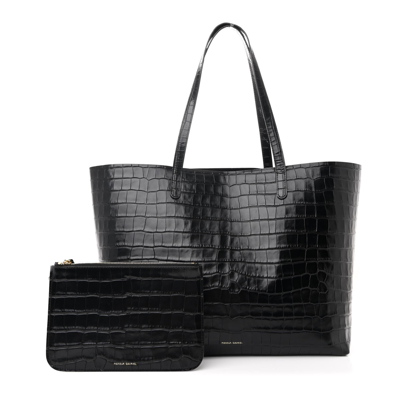 Mansur Gavriel Calfskin Crocodile Embossed Large Shopping Tote Black 3 of 12