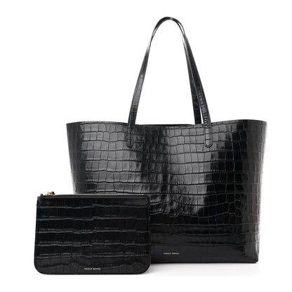 Mansur Gavriel Calfskin Crocodile Embossed Large Shopping Tote Black 3 of 12
