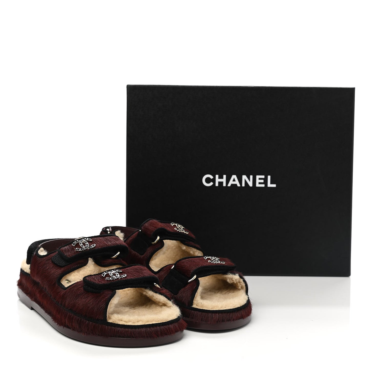 Calfskin Hair Suede Shearling Dad Sandals 37 Burgundy Black