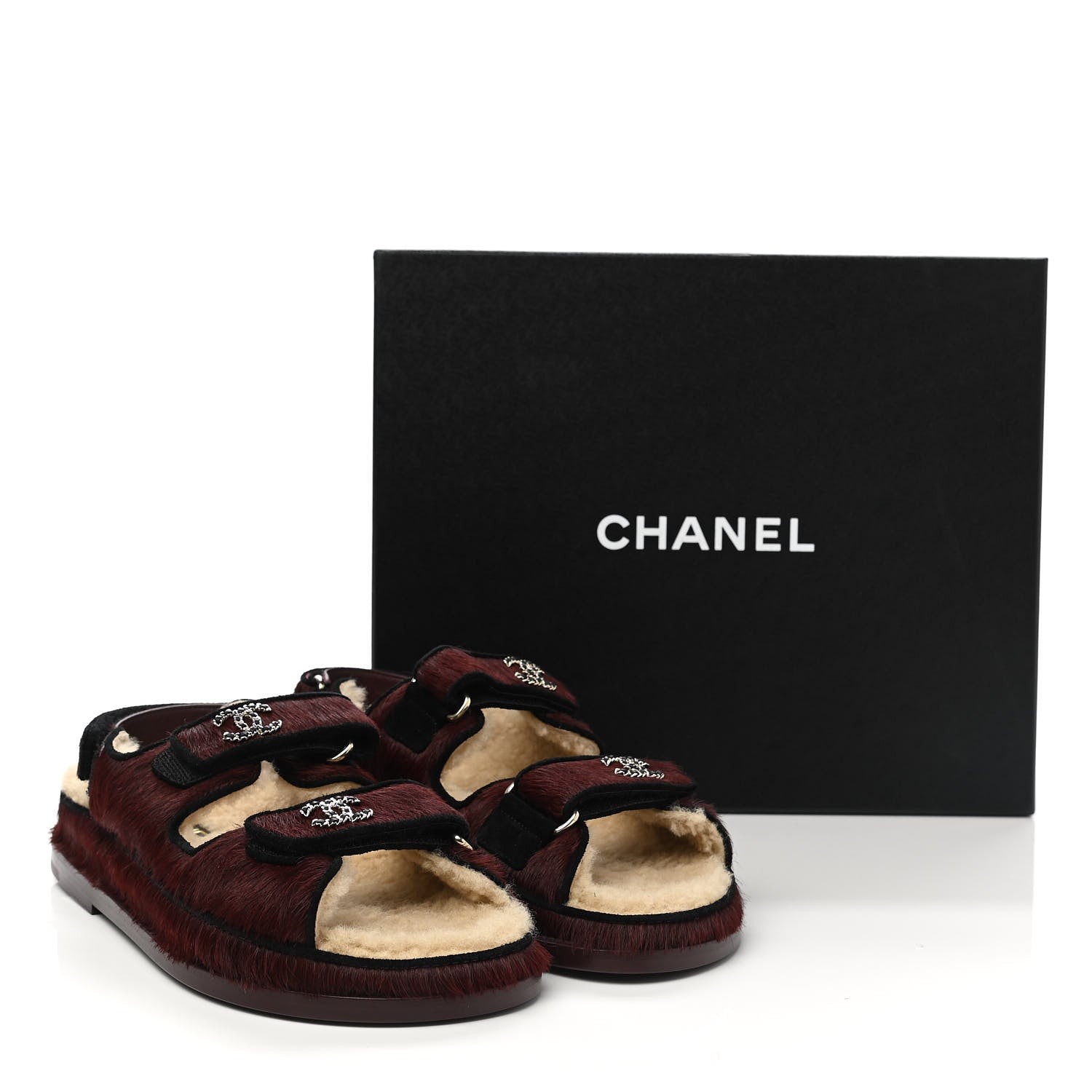 Chanel Calfskin Hair Suede Shearling Dad Sandals 37 Burgundy Black 9 of 9