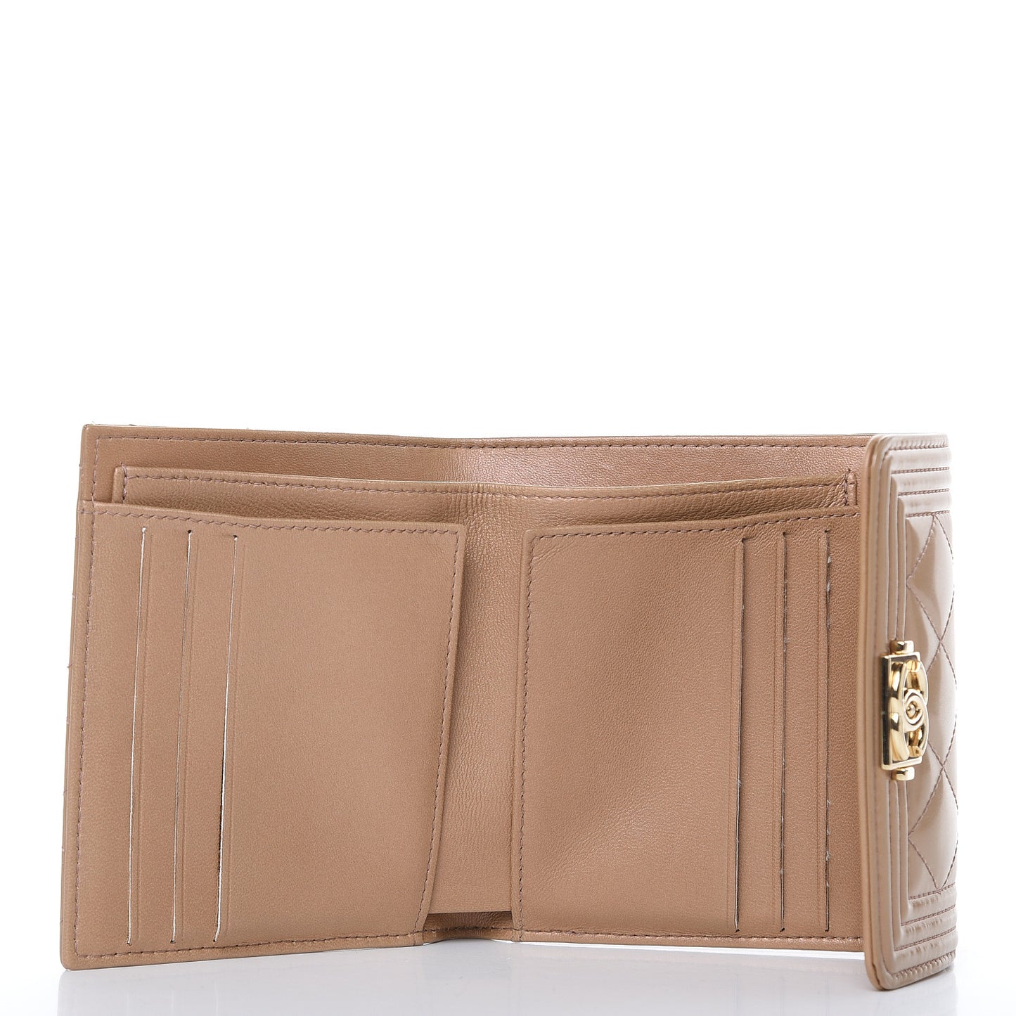 Iridescent Glazed Calfskin Quilted Compact Boy Wallet Beige