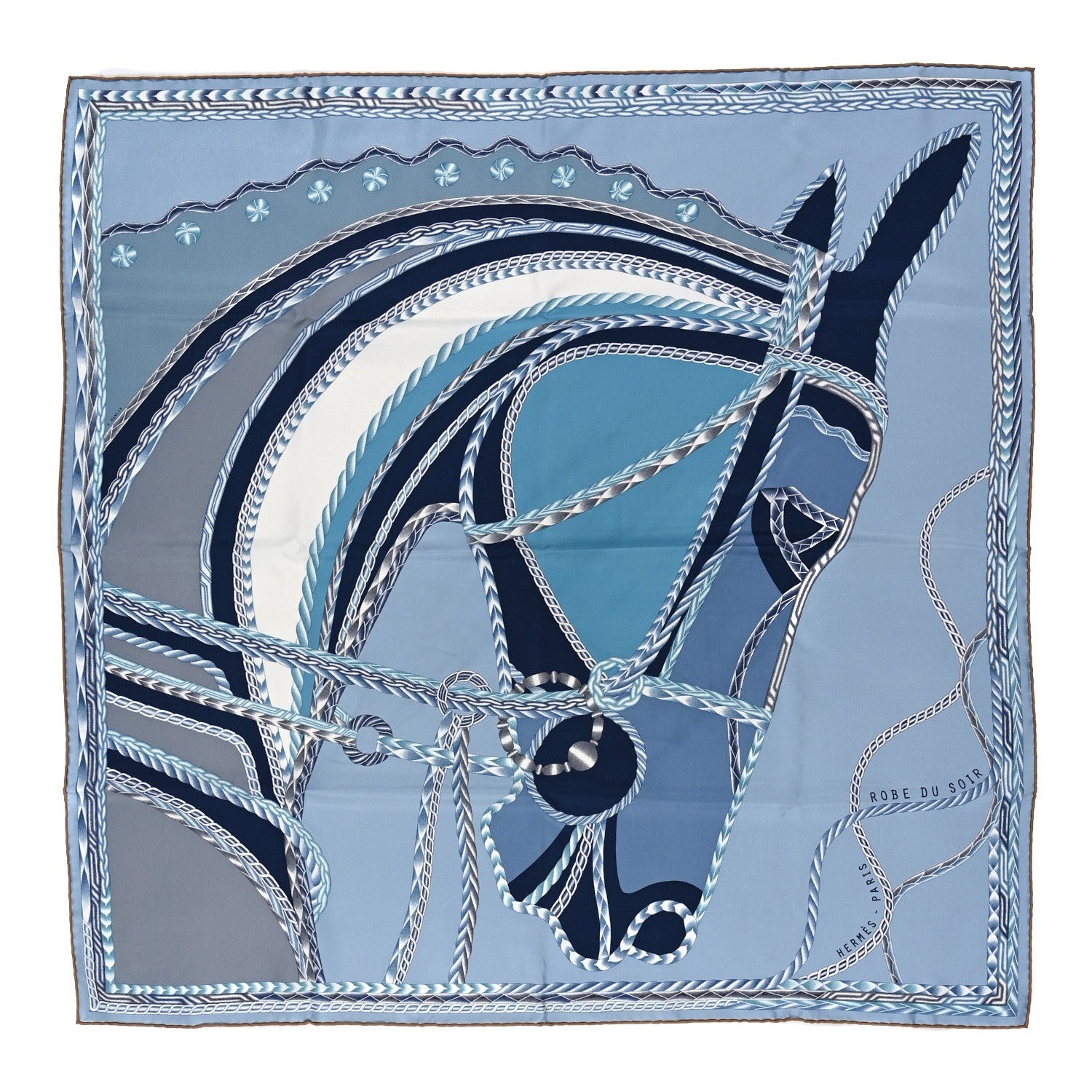 Hermes Silk Robe Du Soir Scarf 90 Bleu Glacier Grise Blanc 1 of 3