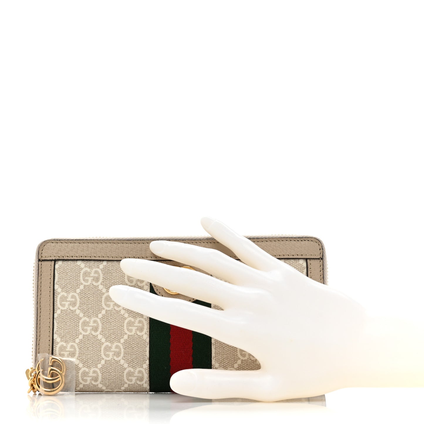 GG Supreme Monogram Textured Dollar Calfskin Web Ophidia Zip Around Wallet Beige Mystic White Oatmeal