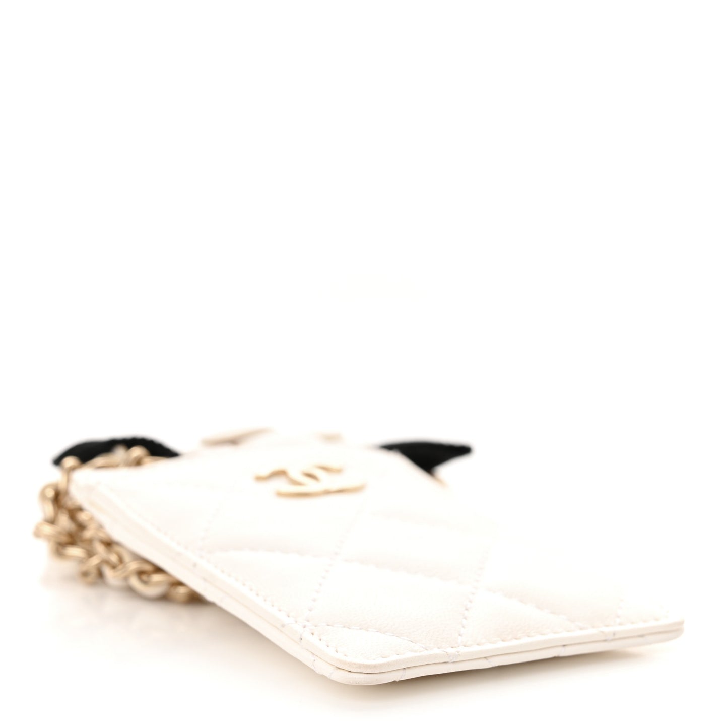Lambskin Quilted Camellia Bow Card Holder On Chain White