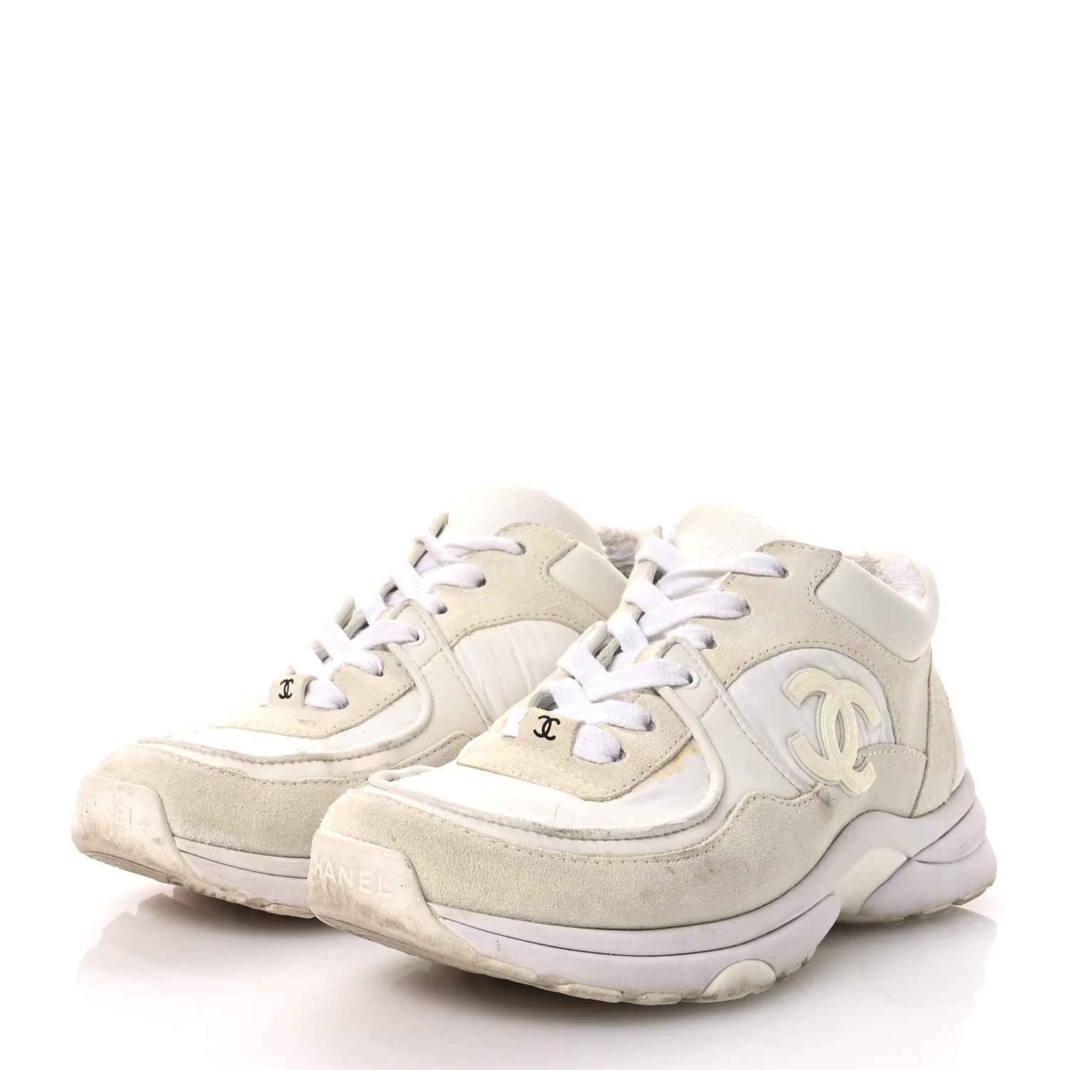 Chanel Suede Calfskin Fabric CC Sneakers 36.5 White 4 of 9
