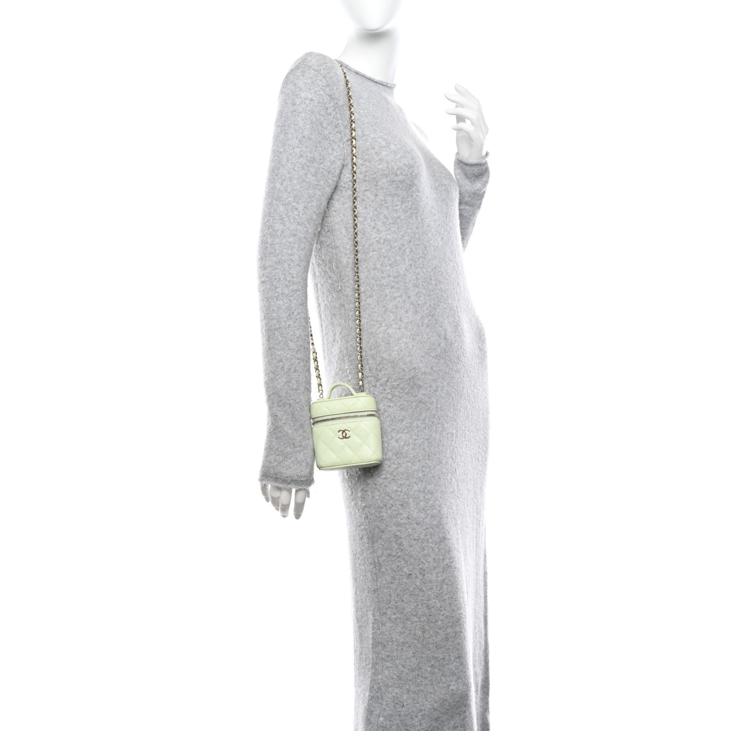 Caviar Quilted Small Handle With Care Vanity Case With Chain Light Green