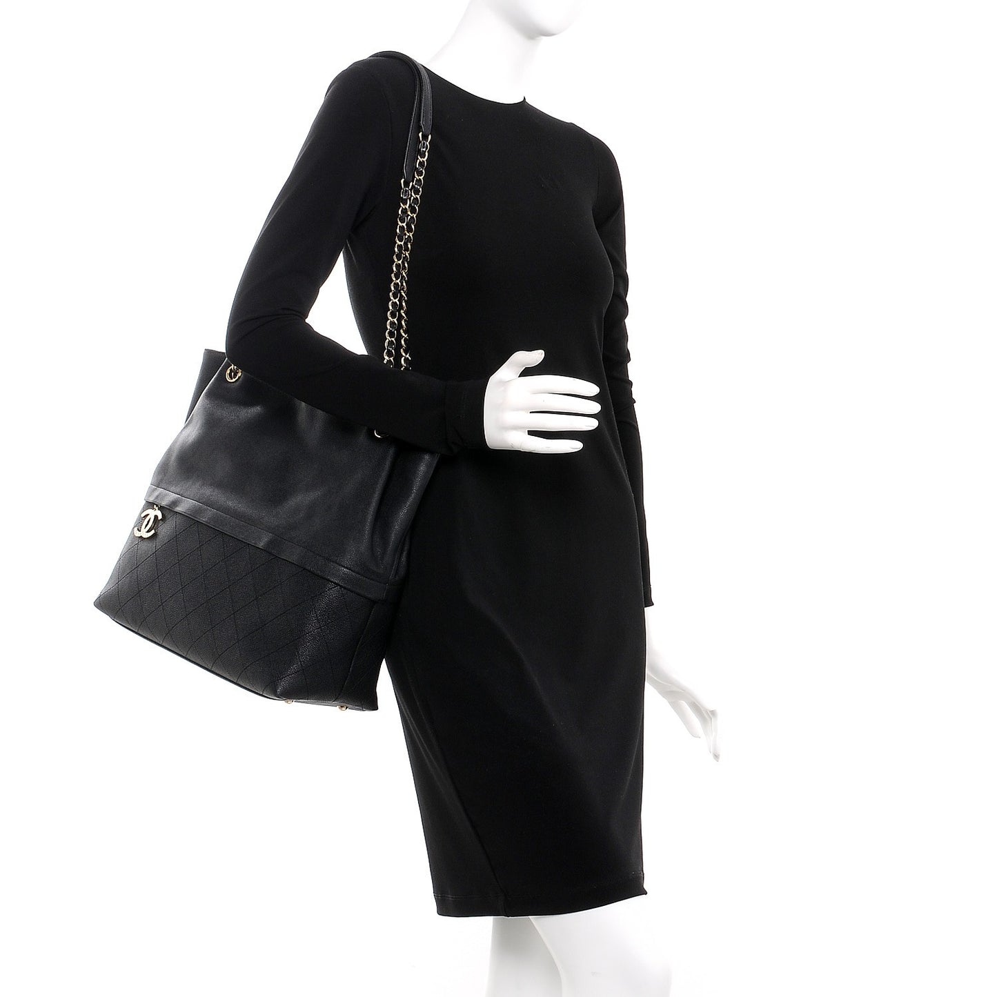 Crumpled Grained Calfskin Zip and Carry Shopping Tote Black