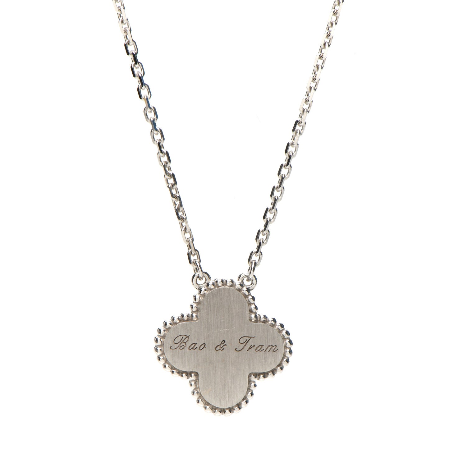 18K White Gold Diamond Guilloche Vintage Alhambra Pendant Necklace
