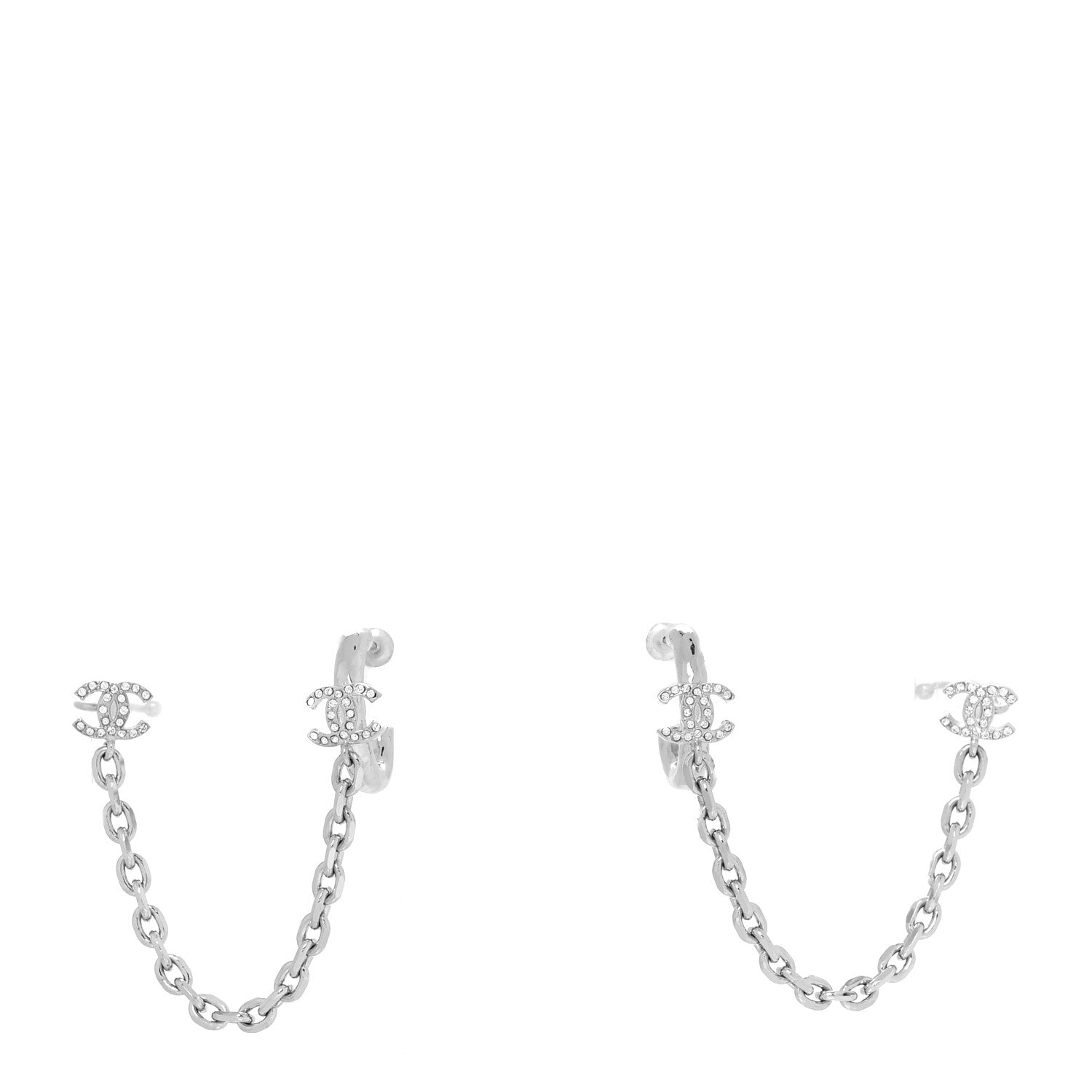 Chanel Crystal Chain CC Climber Earrings Silver 1 of 4