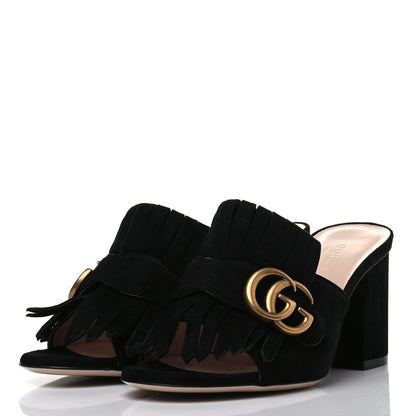 Gucci Kid Scamosciato GG Marmont Fringe 75mm Slide Sandals 35 Black 2 of 8