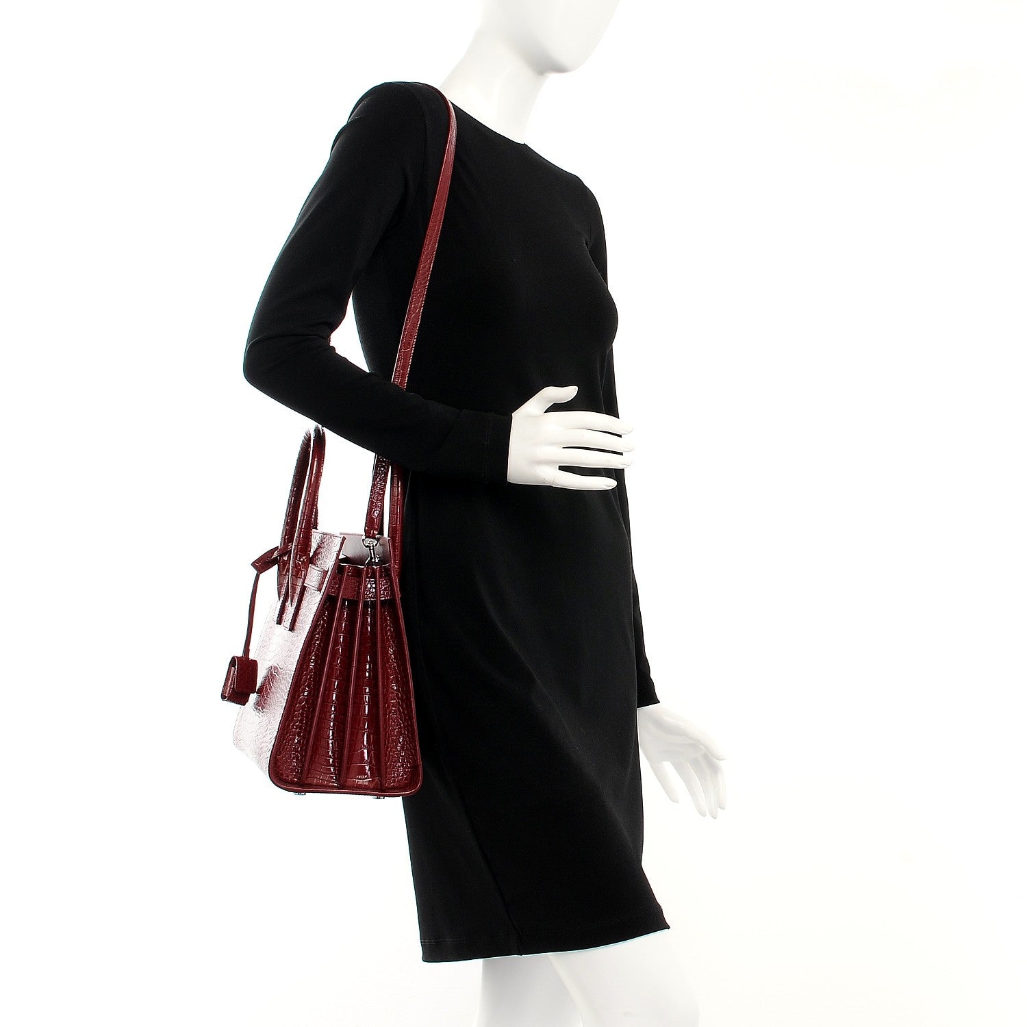 Saint Laurent Calfskin Crocodile Embossed Small Sac De Jour Bordeaux 2 of 10