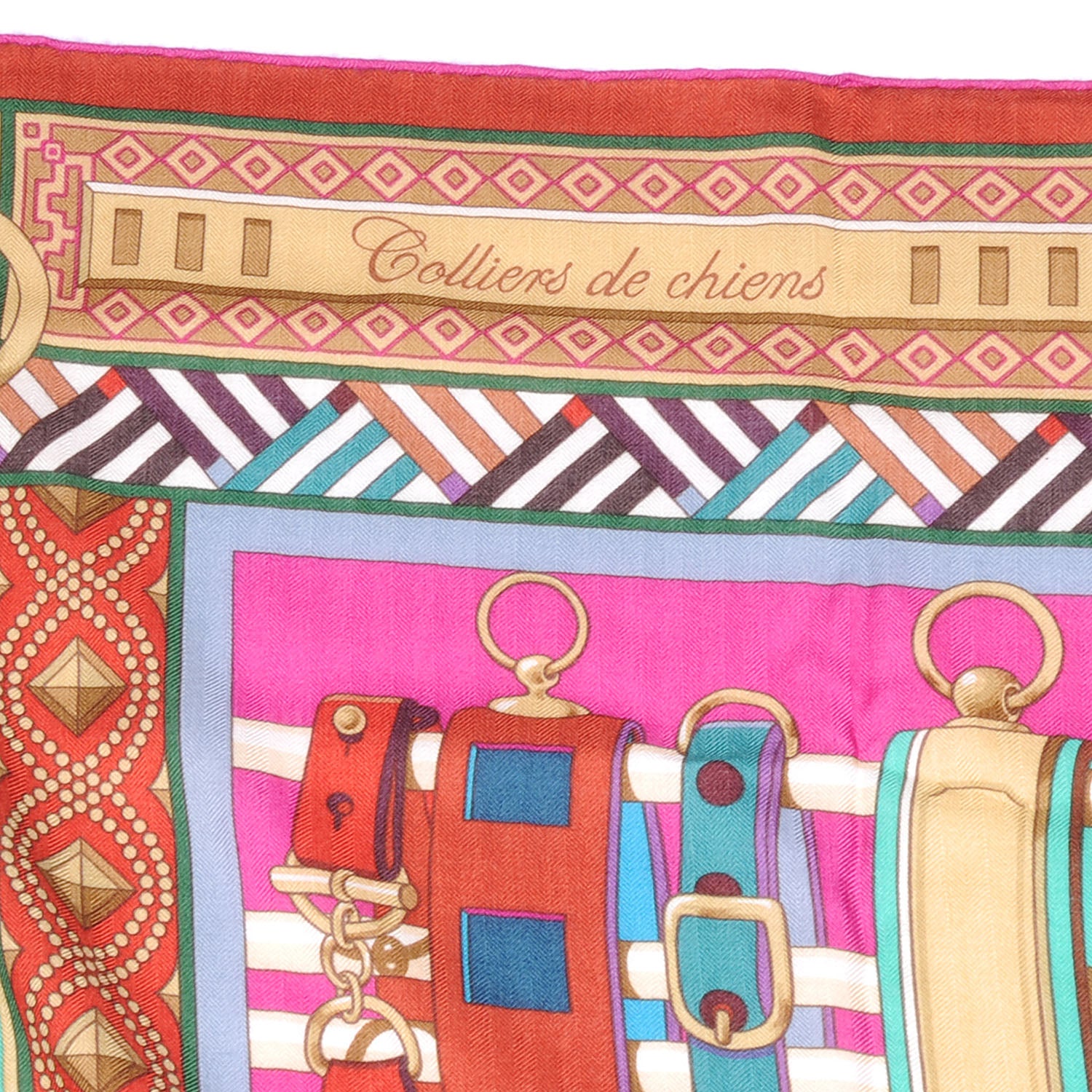Hermes Cashmere Silk Colliers de Chiens Shawl 140 Fuchsia Turquoise Grenat 4 of 6