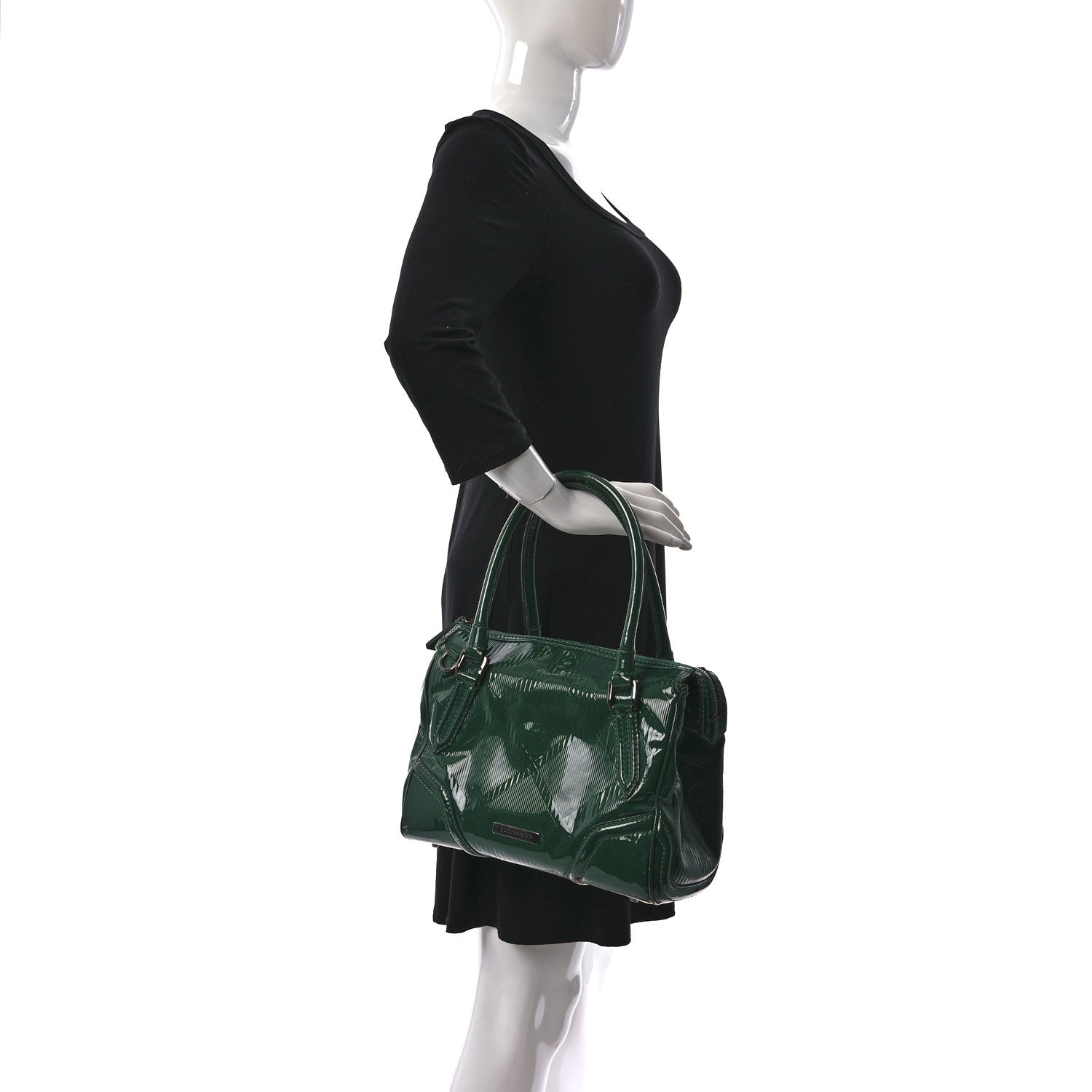 Burberry Patent Check Embossed Medium Anford Convertible Bowling Bag Dark Green 2 of 17