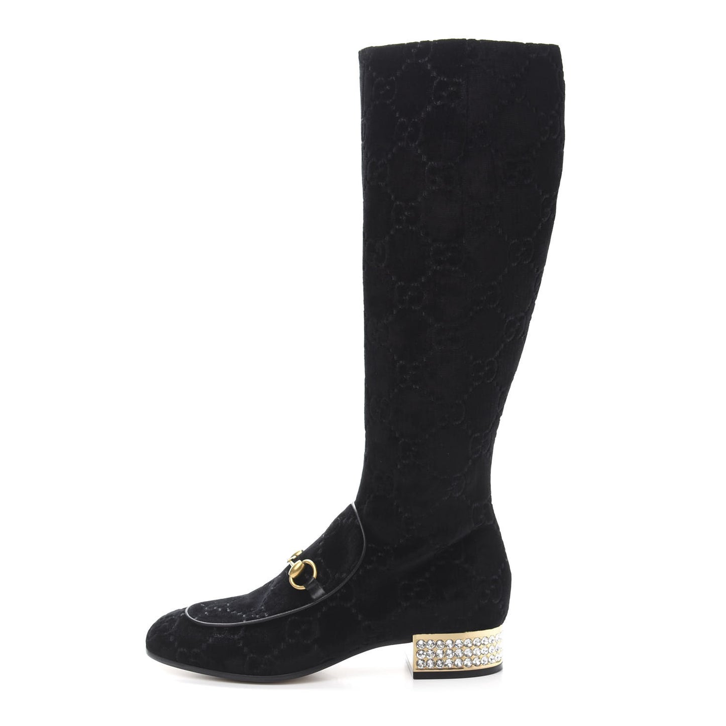 Velvet GG Monogram Crystal Horsebit Knee High Boots 38.5 Black