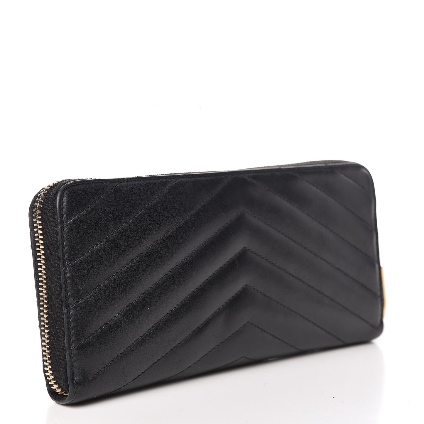 Calfskin Matelasse Chevron Monogram Zip Around Wallet Dark Navy Blue
