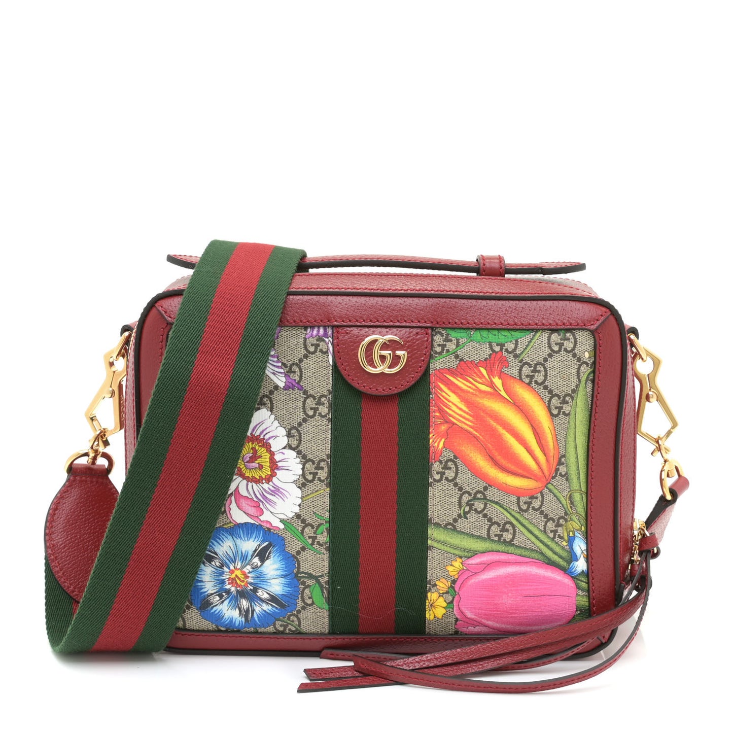 GG Supreme Monogram Flora Web Small Ophidia Top Handle Shoulder Bag Hibiscus Red