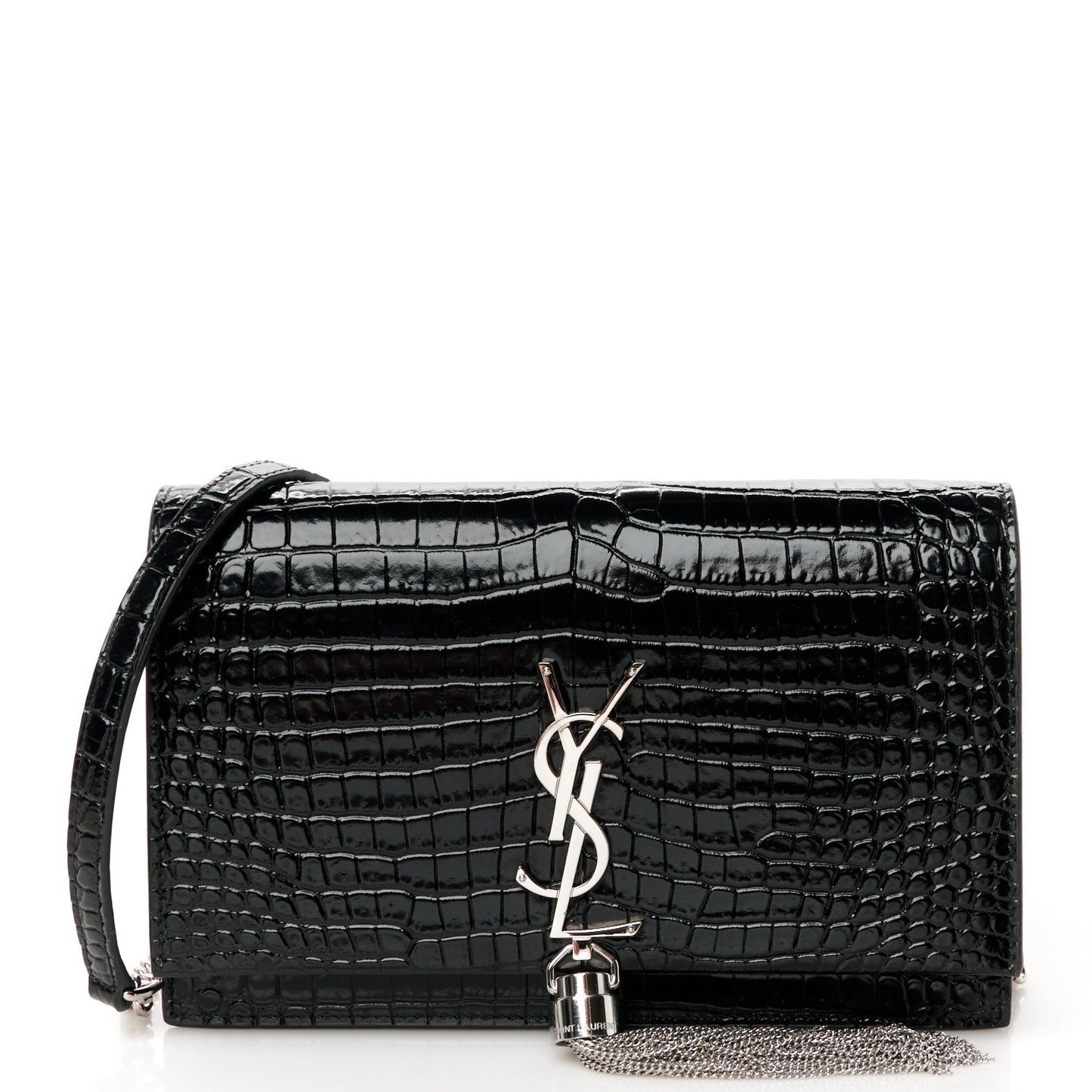 Calfskin Crocodile Embossed Kate Monogram Tassel Chain Wallet Black