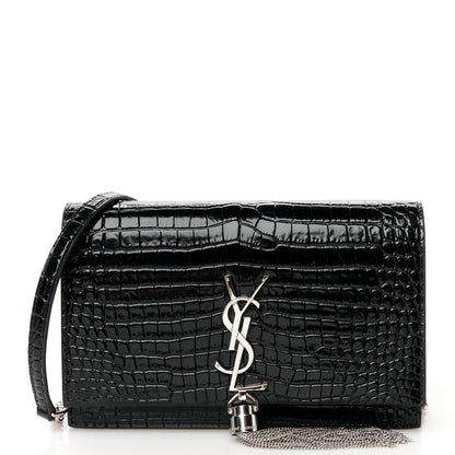 Saint Laurent Calfskin Crocodile Embossed Kate Monogram Tassel Chain Wallet Black 1 of 9