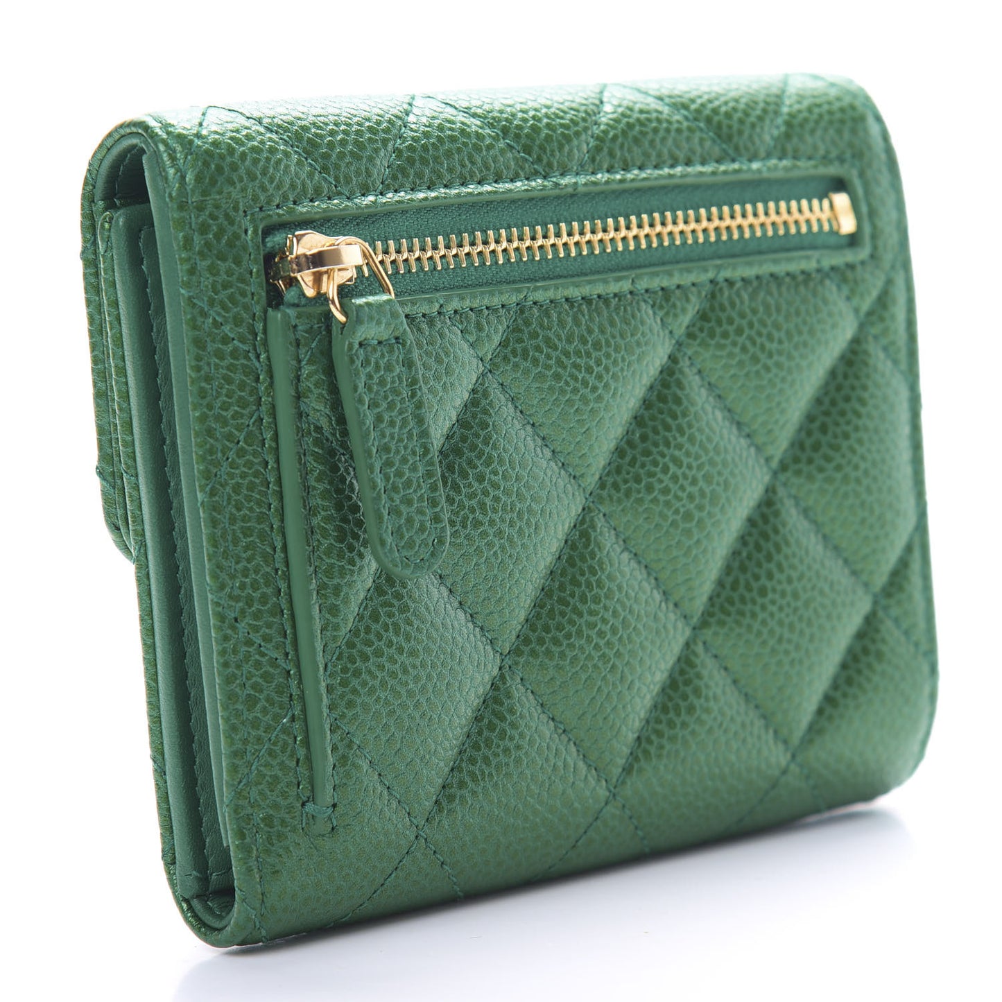 Metallic Caviar Quilted Compact Flap Wallet Green