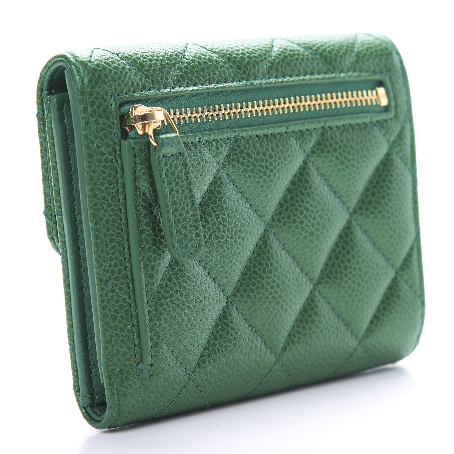 Chanel Metallic Caviar Quilted Compact Flap Wallet Green 3 of 8