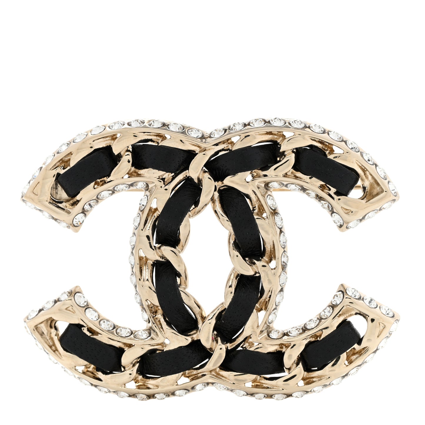 Lambskin Crystal CC Chain Brooch Black Gold