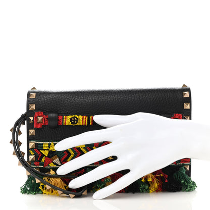 Valentino Garavani Pebbled Calfskin Beaded Ribbons Rockstud Wristlet Clutch Black 2 of 6