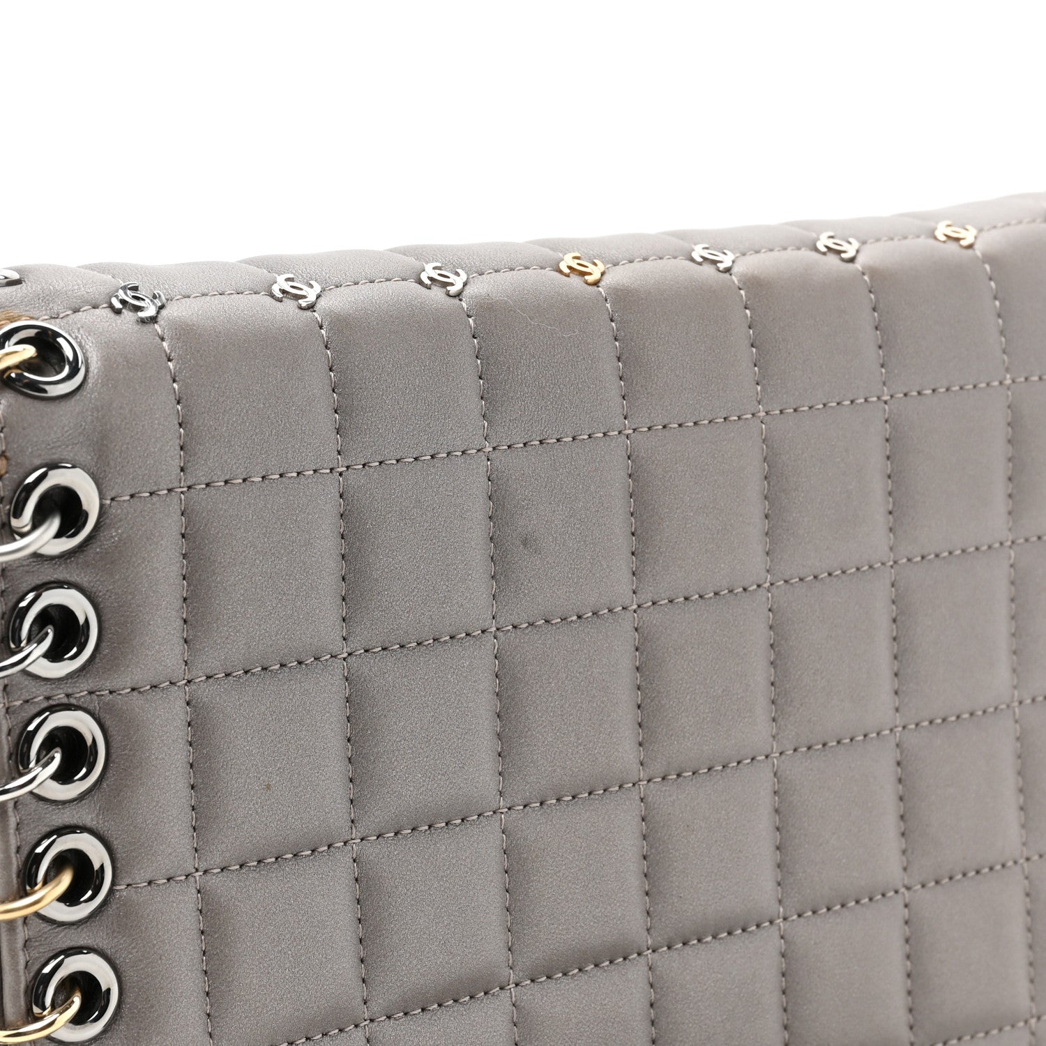 Chanel Lambskin Chocolate Bar Piercing CC Studded Small Chain Flap Bag Grey 13 of 16