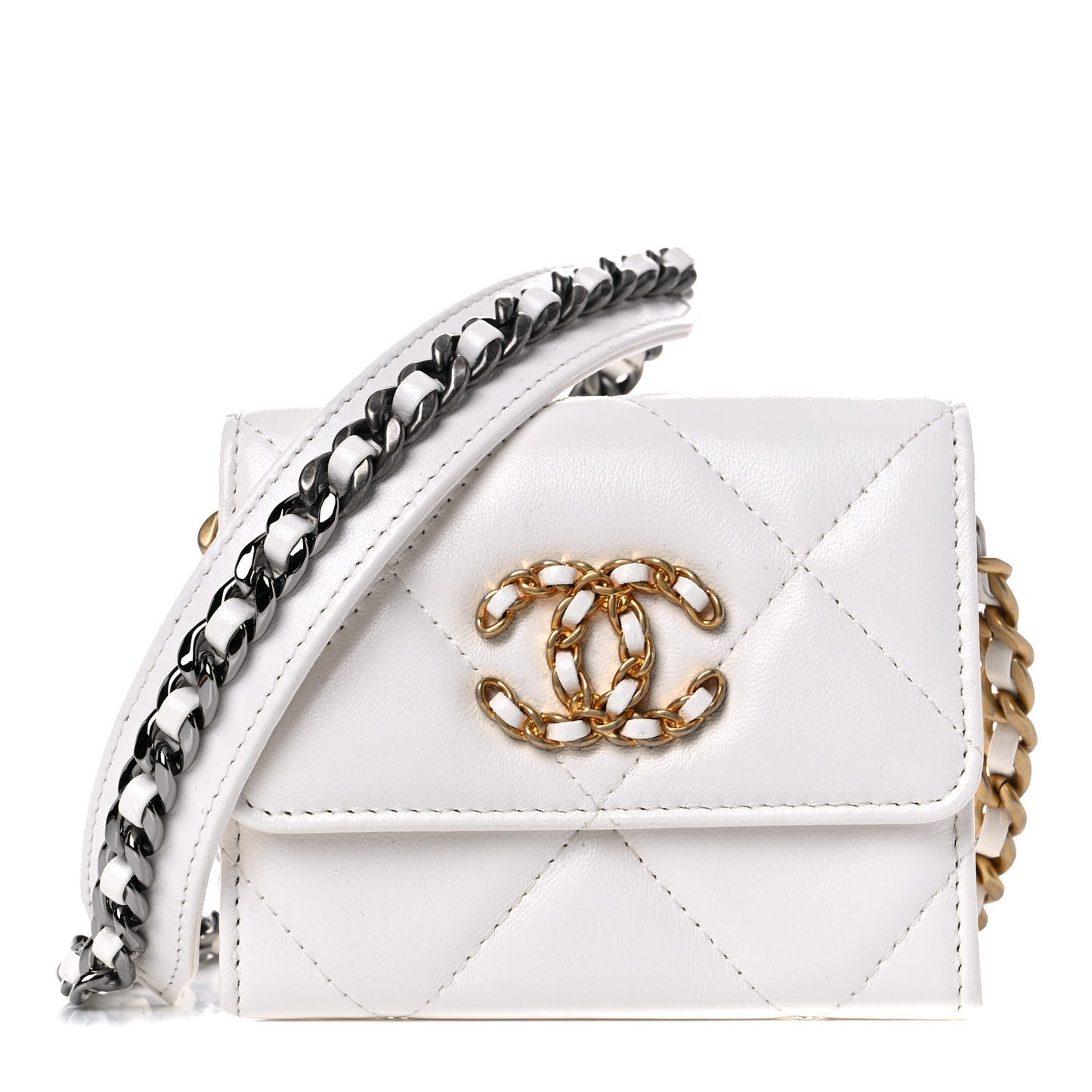 Lambskin Quilted Chanel 19 Flap Coin Purse With Chain White