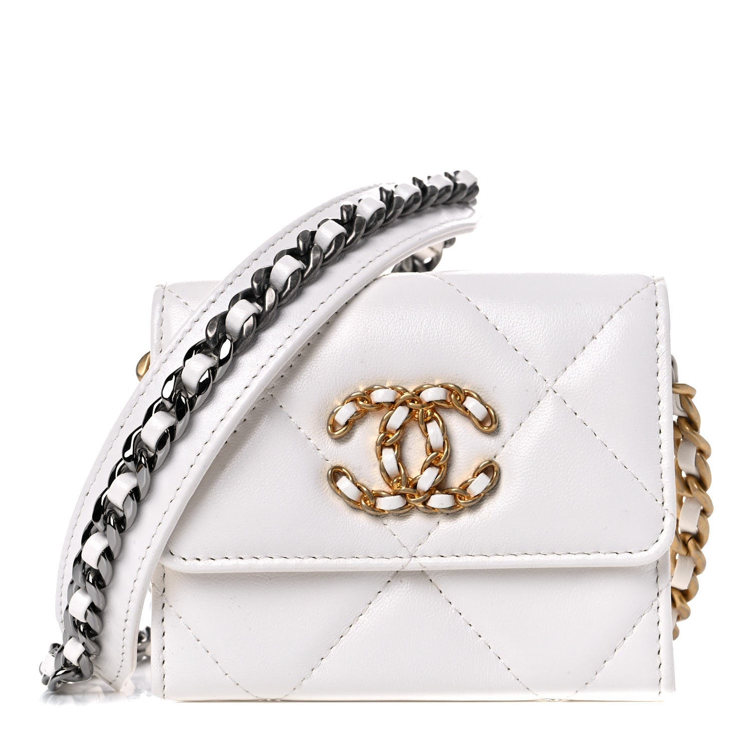 Chanel Lambskin Quilted Chanel 19 Flap Coin Purse With Chain White 1 of 9