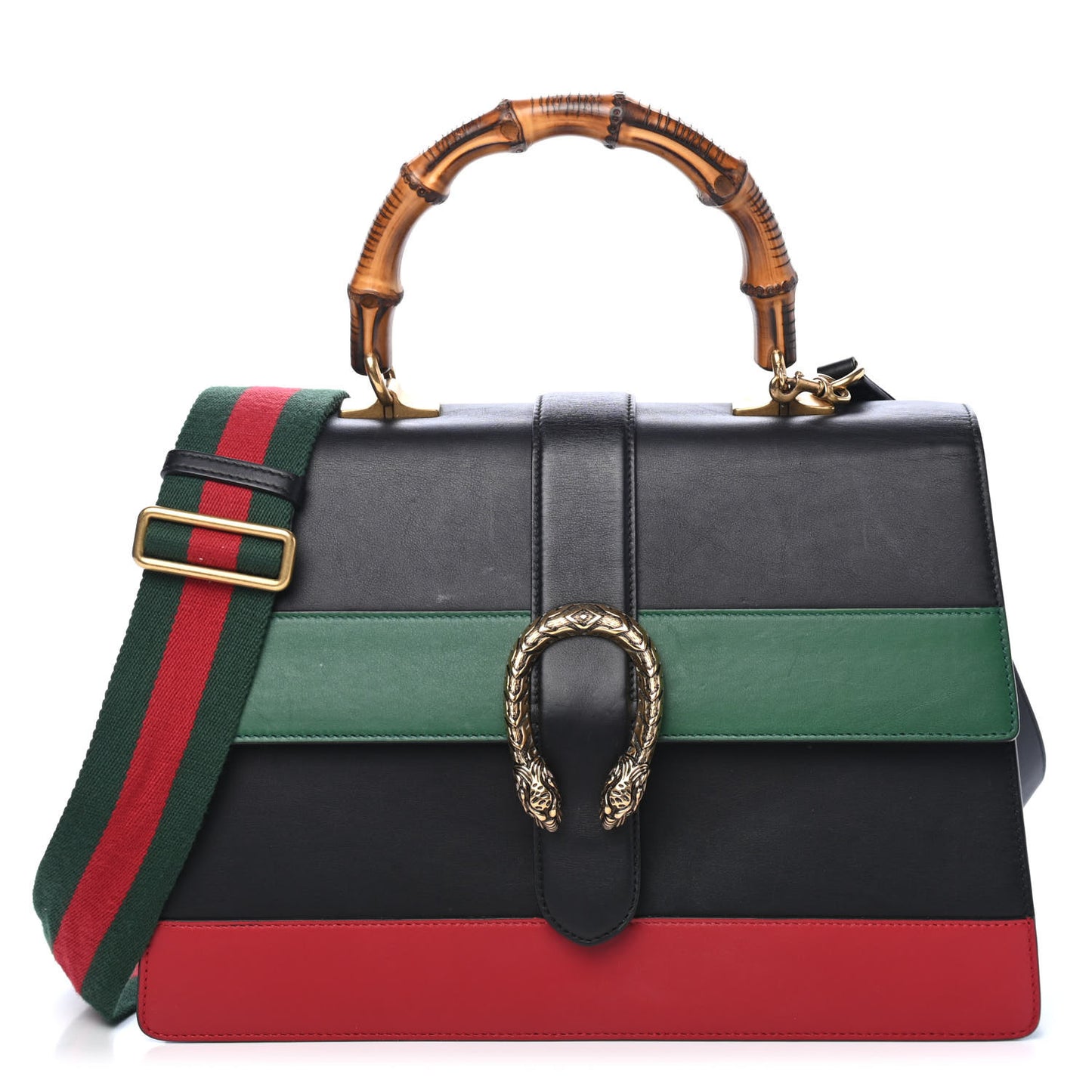 Calfskin Bamboo Web Large Dionysus Top Handle Bag Black Bright Evergreen Hibiscus Red