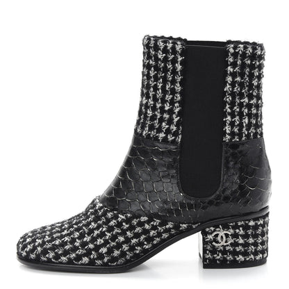 Chanel Fantasy Tweed Snakeskin Short Boots 37 Black 1 of 8