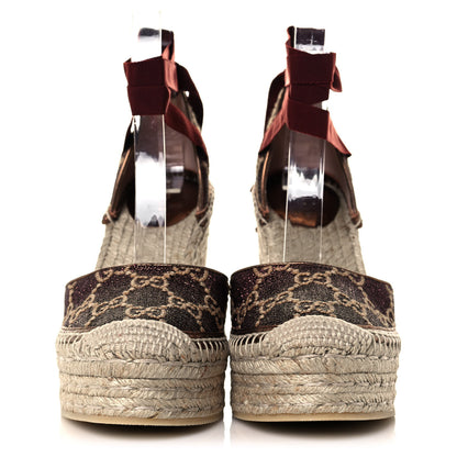 Gucci Lame GG Monogram Pilar SIlk Ankle Wrap Platform Espadrille Wedges 38.5 Brown 2 of 9