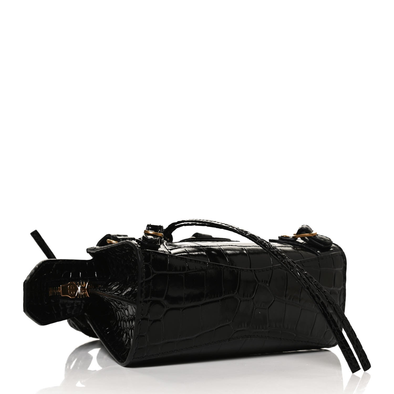 Balenciaga Shiny Supple Calfskin Crocodile Embossed Neo Classic Gold Hardware Nano City Crossbody Black 4 of 9