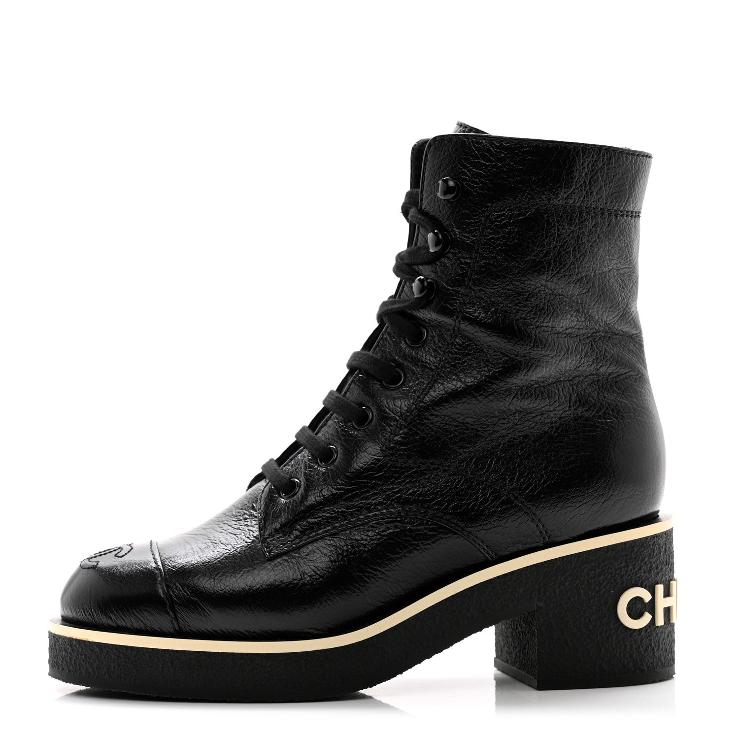 Chanel Shiny Crumpled Lambskin Lace Up Combat Boots 36 Black 1 of 10