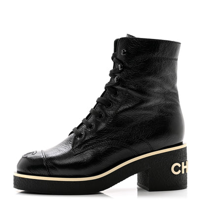 Chanel Shiny Crumpled Lambskin Lace Up Combat Boots 36 Black 1 of 10