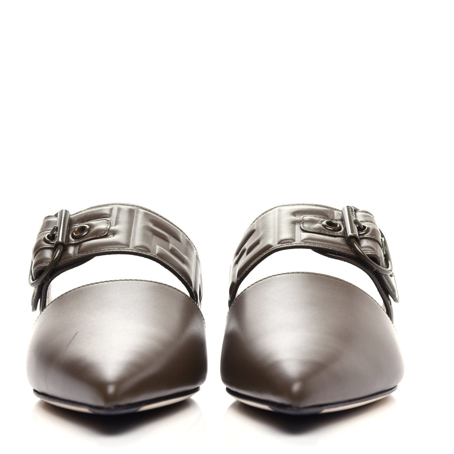 Vitello FF Embossed Buckle Flat Mules 36 Wood