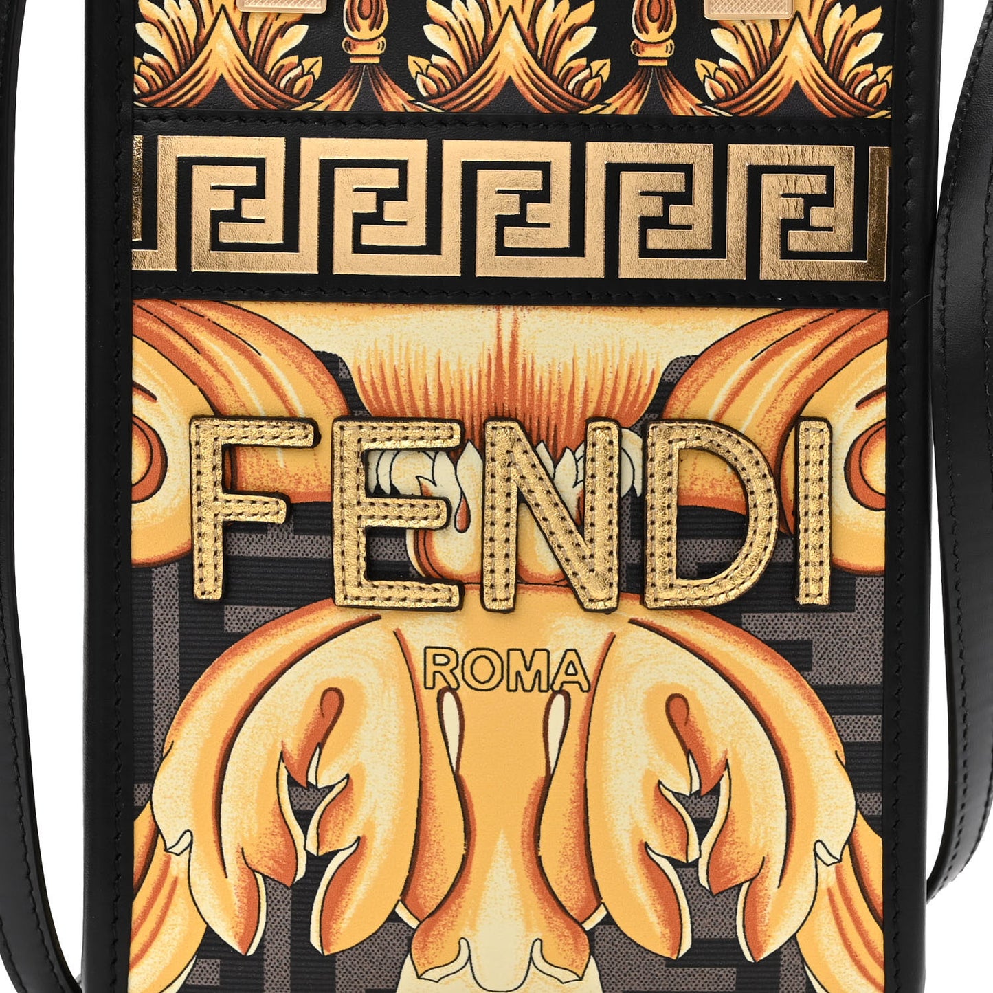 X VERSACE Vitello King Catalan Mirror Plexiglass Fendace FF Baroque Logo Mini Fendi Sunshine Shopper Tote Black Gold