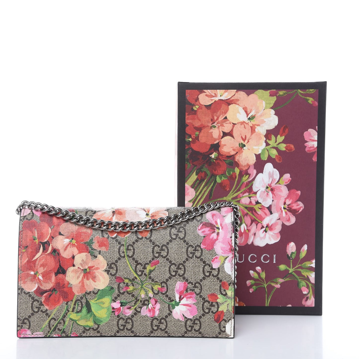 GG Supreme Monogram Blooms Chain Wallet Beige Multicolor Dry Rose