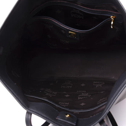 MCM Visetos Calfskin Logo Medium Shopper Tote Dark Brown Dark Red 4 of 13